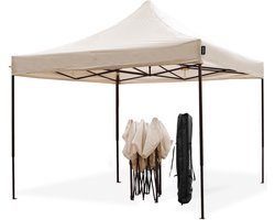 LifeGoods Partytent - Opvouwbaar - 3x3 m - Easy Up - Paviljoen - Waterdicht - Draagtas met Wieltjes - Beige