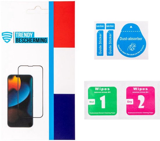 Verpakking van de 'Trendy Bescherming' privacy screenprotector voor iPhone, met reinigingsdoekjes en stickers.