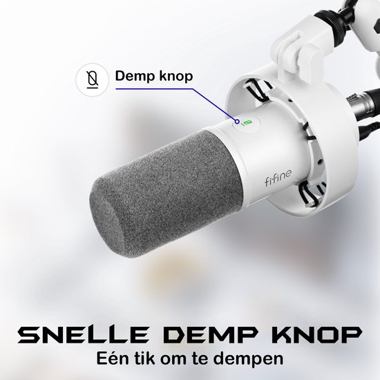 Close-up van een witte microfoon met zwarte windkap en een aanraakknop. Tekst: 'Demp knop'.