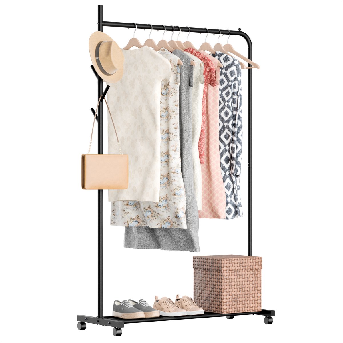 Avalo Kledingrek op Wieltjes - Verrijdbaar Garderoberek met Schoenenrek - Zwart Metaal 100x40x156 cm - Dressboy