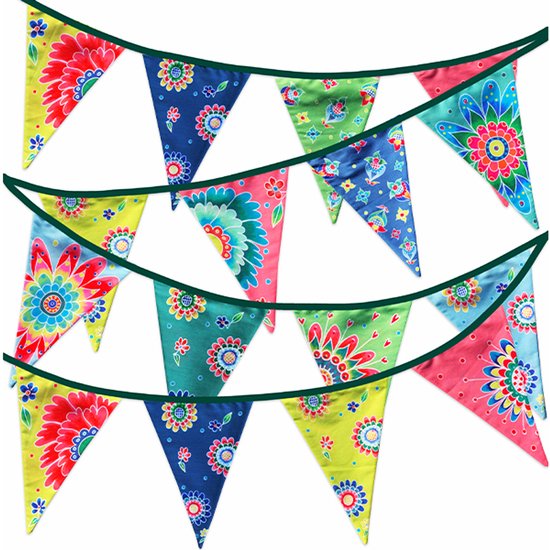 Puk Art© | Duurzame Stoffen Slinger Bloemen | Herbruikbare Vlaggenlijn 12m | 24 Stoffen Vlaggen | Kleurrijke Feestdecoratie Verjaardag & Tuinfeest