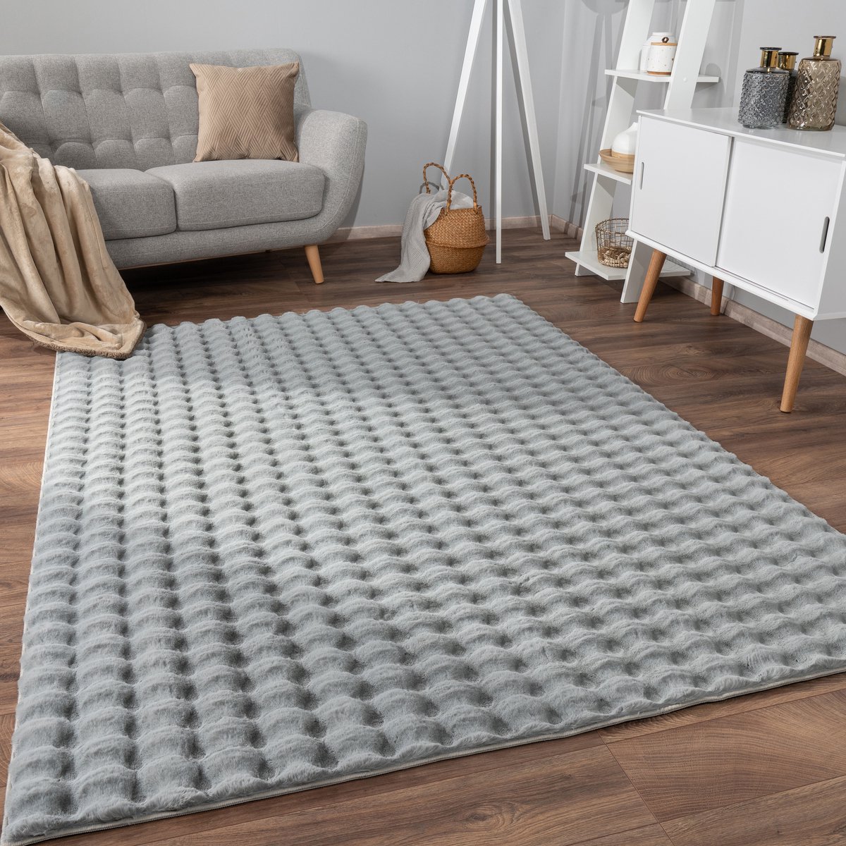 flycarpets Zacht fluffy vloerkleed - Arinzo Bolletjes Grijs - 160x220 cm - Hoogpolig Tapijt Woonkamer / Slaapkamer / Kinderkamer