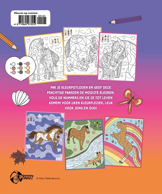 Achterkant van een kleurprentenboek met paarden, een zeemeermin en een vos.