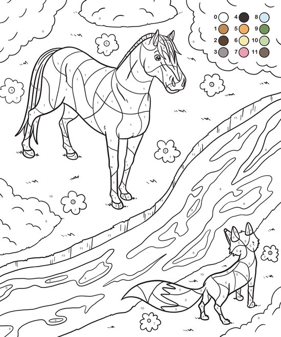 Een paard en een vos bij een boomstronk en bloemen. Kleurboekpagina.