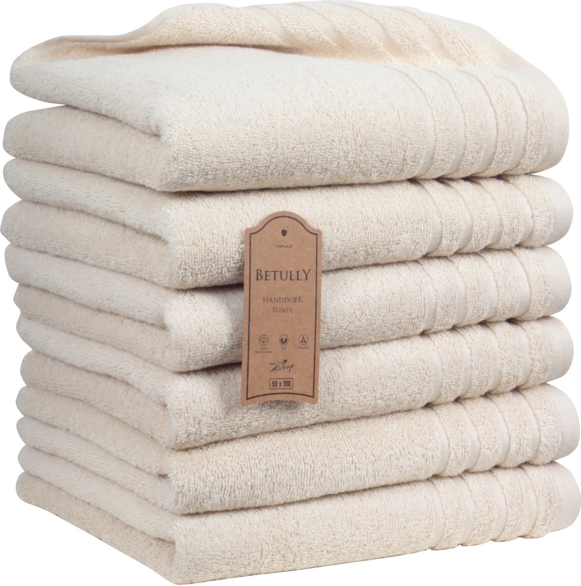 Betully ® Magnee - Handdoeken 50 x 100 cm - set van 6 - Hotelkwaliteit – Zware kwaliteit 500 g/m2 Natuur Creme