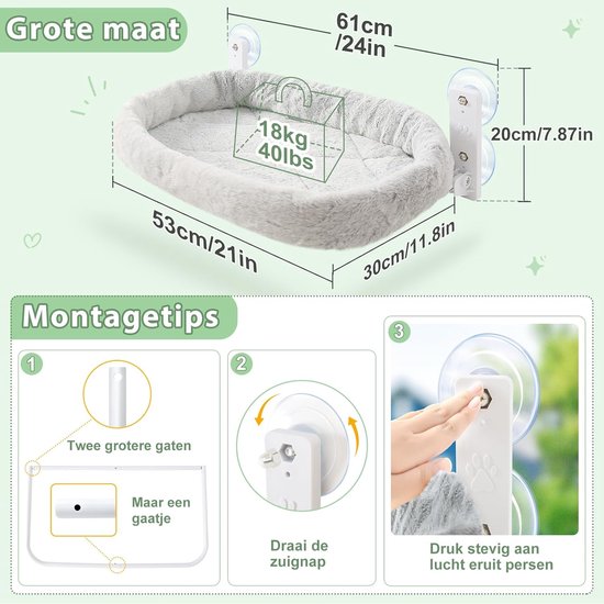 Euqvunn Draadloze Katten Raambed - Draagvermogen 15 kg met Wasbaar Kussen aan Twee Zijden, Opvouwbare Katten Hangmat voor Binnenkatten, Ideaal voor Zonnebaden, Dutten & Vogels Kijken