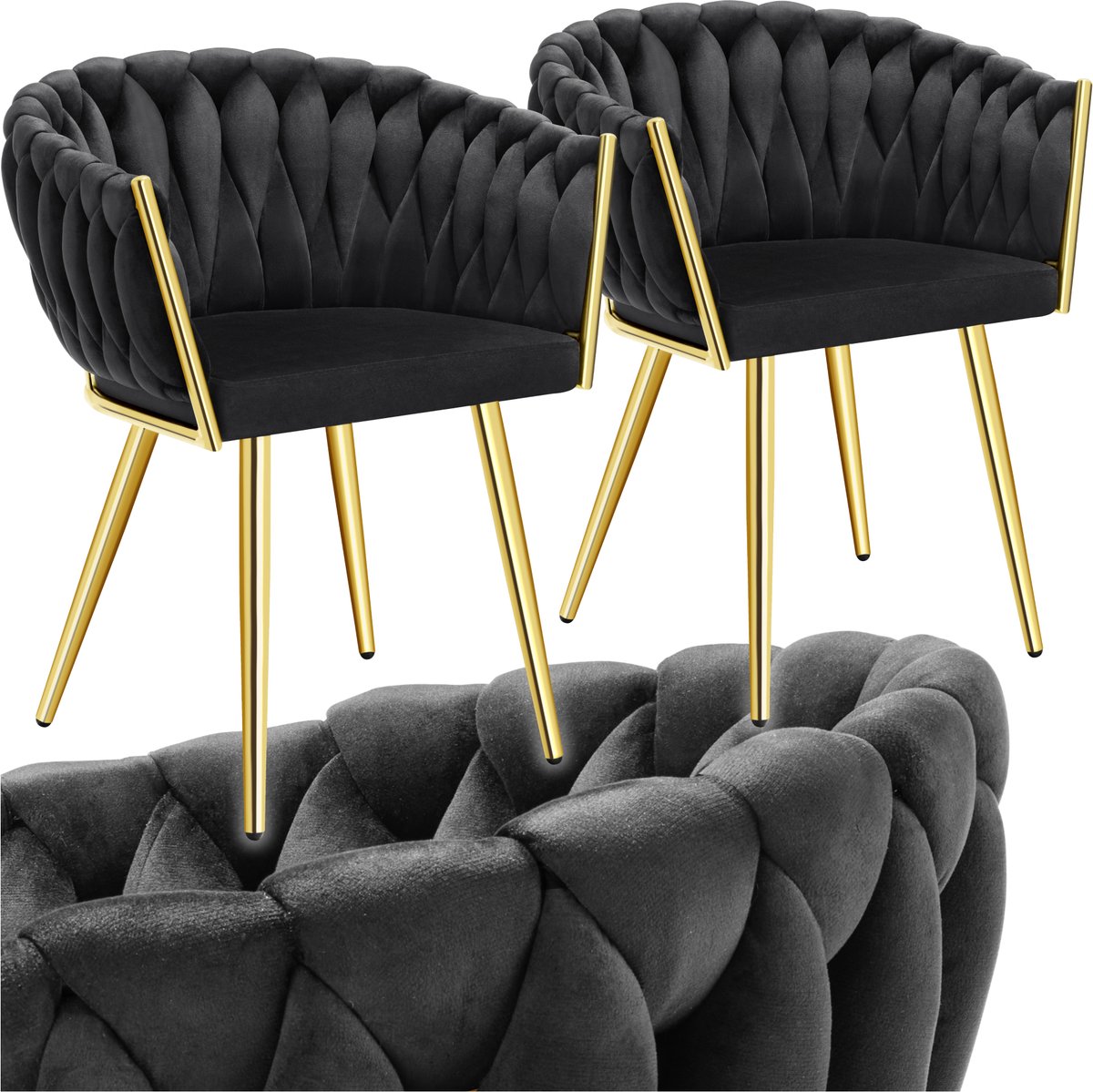 Tectake Set van 2 Fluwelen eetkamerstoelen - Kuipstoel met armleuning in knooplook - Eetkamerstoel - Moderne eetkamerstoel voor woonkamer en eetkamer - Keukenstoel - Kaptafelstoel - Slaapkamerstoel - Diverse kleuren - Zwart/Goud