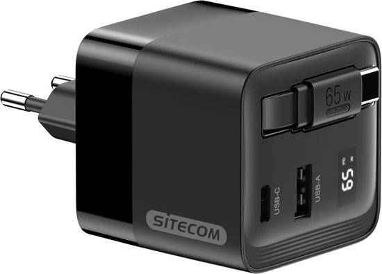 Sitecom 65W GaN Oplader met Uittrekbare Kabel