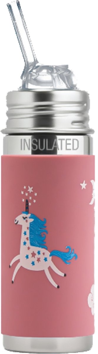 Pura Thermos Rietjesfles Free Flow 260 ml - Thermoskan - Thermosfles - Plasticvrij - Met Isolatiewand - Op 2 Manieren te Gebruiken - Medische Kwaliteit Siliconen - Inclusief Siliconen Rietje Free-Flow, Reisdop en Borsteltje - Unicorn Sleeve