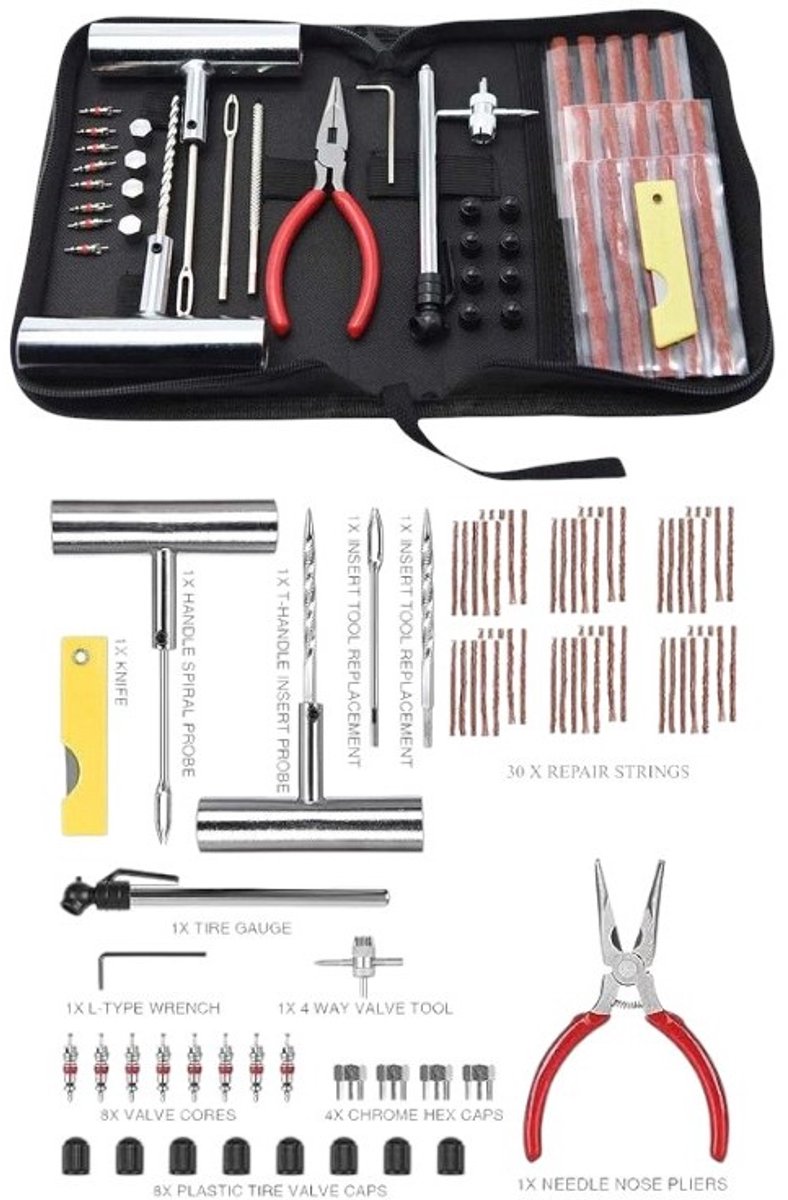 Banden Reparatieset - Proppenset - inclusief stevige tas - geschikt voor motorfietsen, bromfietsen of auto's