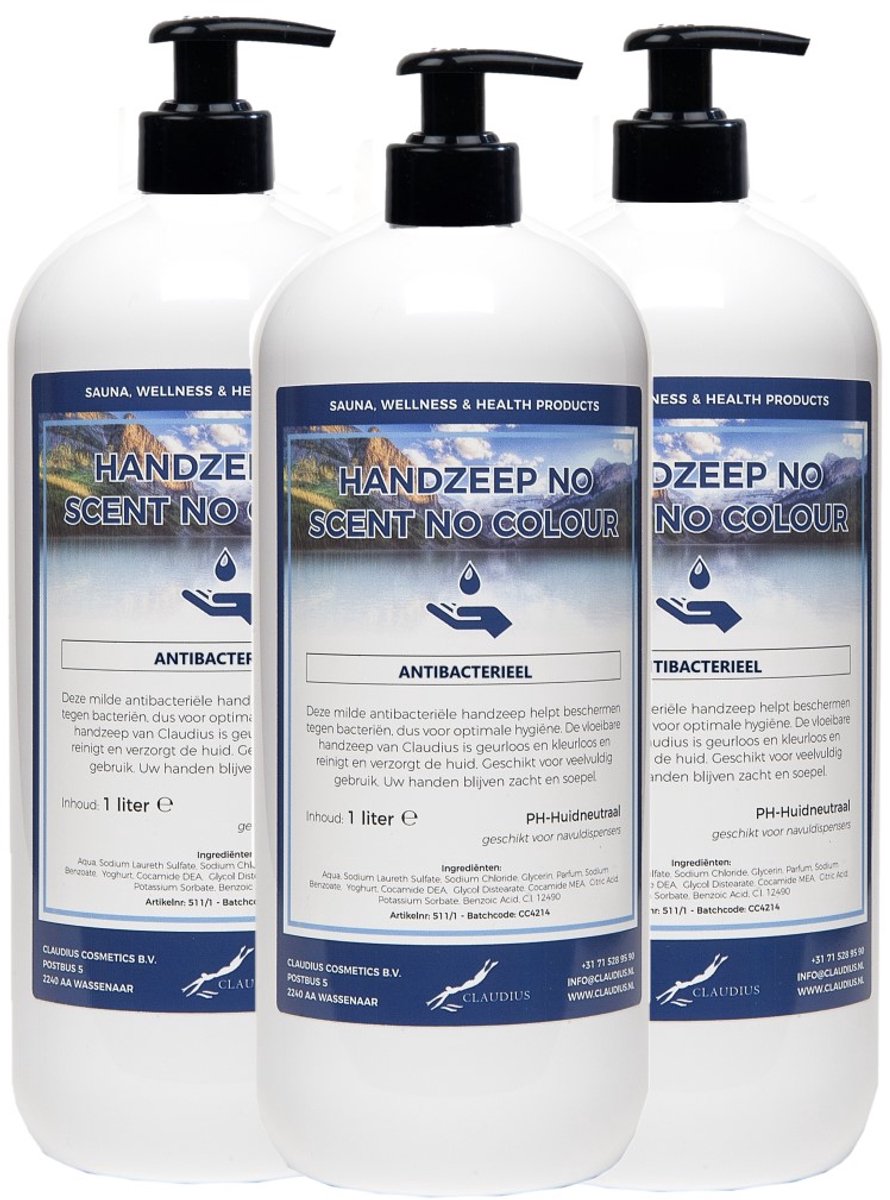 Handzeep No Scent, No Colour 1 liter - met gratis pomp - set van 3 stuks