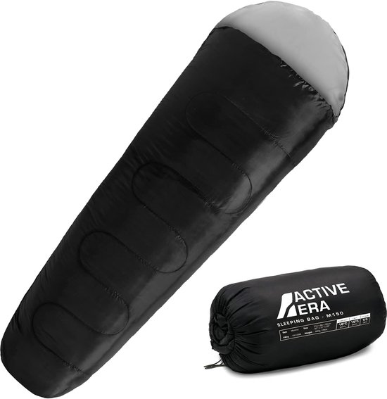 Active Era Premium Lente/Zomer Slaapzak – 150GSM Vulling en 800g Ultralicht – Mummieslaapzak 2 Seizoenen voor Kamperen, Hiken, Buiten - Zwart