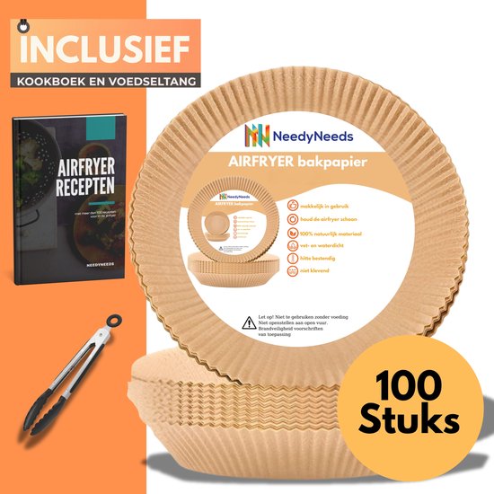 NeedyKitchen® Airfryer Bakpapier - Airfryer Accessoires - 100 Stuks - Geschikt voor Airfryer XL en XXL - Bakpapier - 20-23 cm - Inclusief Kookboek en Voedseltang