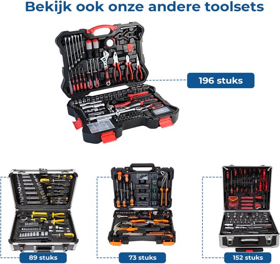 Afbeelding toont vier gereedschapskoffers, waarvan één open met 196 stuks.
