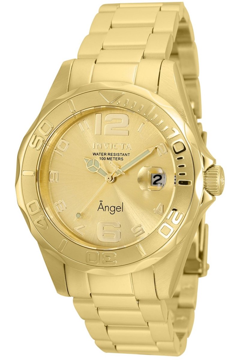 Invicta Angel 36054 Dames Horloge - Waterdicht - Analoog - Quartz Uurwerk - Roestvrij Staal met gouden Wijzerplaat - 38mm