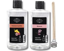 Scentchips Freesia lychee + Blossom + Lont - Geurolie Voor Oliebrander Set van 2 - Inclusief Geurlont - Parfum Olie - Geurolie Voor Lampenolie - Geurlamp Olie - 475ml x 2