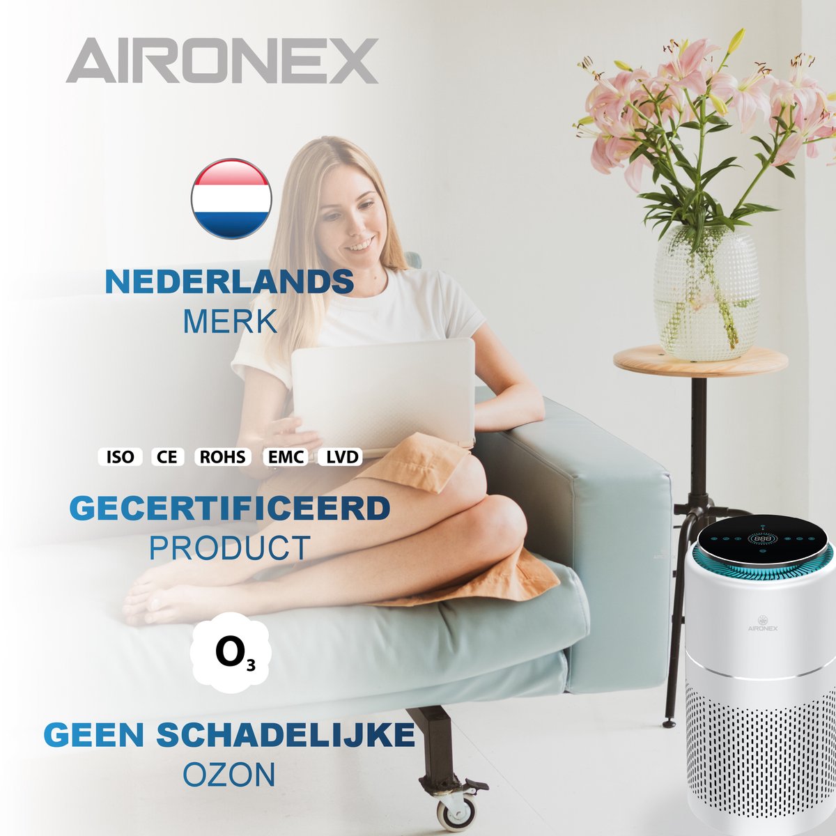 Aironex Luchtreiniger met Hepa Filter – Tegen Allergie & Hooikoorts - HEPA 13 + Ionisator – CADR 365 m³/u – 55 m² – Stil – Luchtkwaliteitsindicator - Air Purifier -Luchtreinigers — afbeelding 4