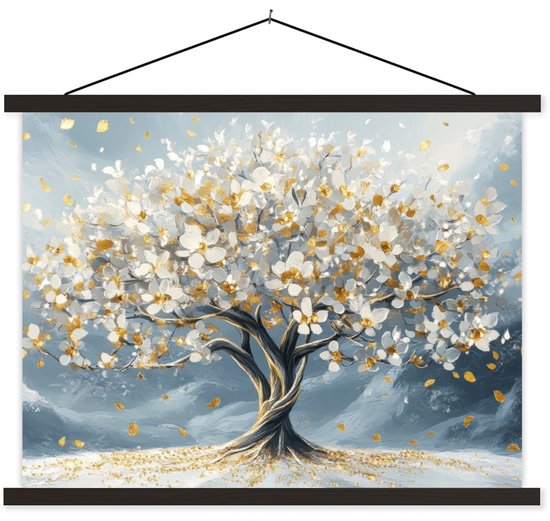 Posterhanger incl. Poster 150x113 cm - Schoolplaat - Boom - Winter - Levensboom - Modern - Goud - Textielposter - Zwarte latten