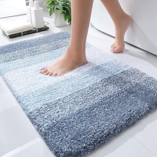 Badmat BOTC - Antidérapant - 75x50cm - Badmat absorbant - Tapis de douche - Tapis de toilette - Blauw/ Wit