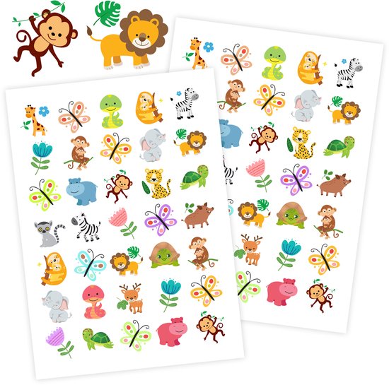 Jungle Stickers - 2 Stickervellen - Jungle Dieren - Vrolijke Jungle Stickers - Stickers voor Kinderen - Stickers Dieren - Stickers Meisjes - Stickers voor Jongens - Stickervellen - Leuke Stickers - Jungle Dieren Stickers - Stickers Jungle