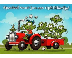 Speciaal voor jou een opkikkertje! Een leuke tractor met een aanhangwagen vol met kikkers. Een geschikte kaart om te geven aan iemand die zich niet lekker voelt. Een dubbele wenskaart inclusief envelop en in folie verpakt.