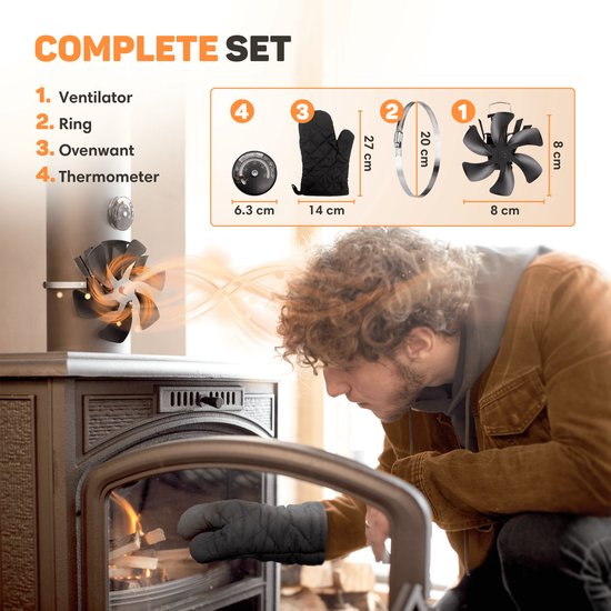 Ovshnrr 3-in-1 ventilator voor houtkachel, 4 vleugels, 180° rotatie