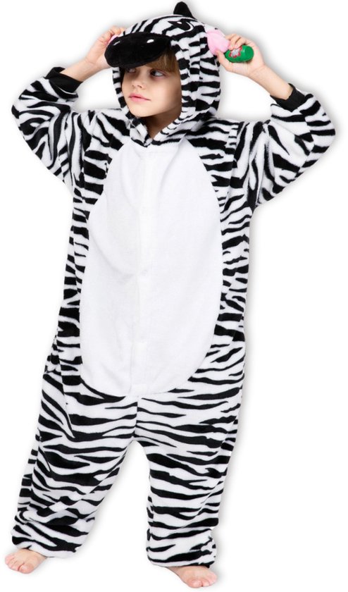 BoefieBoef Kinder Onesie Zebra – Warme Dieren Pyjama 5-9 Jaar – Fluffy Verkleedpak & Fleece Huispak – Jongens & Meisjes – Zwemles Pyjama – Carnaval, Halloween & Sinterklaas Cadeau – Jumpsuit met Capuchon – 115-130 cm - Wit