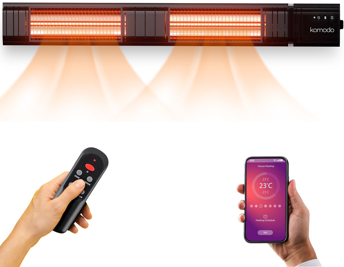 Komodo Terrasverwarmers Flores 3000W - 9 Verschillende Standen - Voor 35m2 - Infrarood Verwarming - Afstandsbediening & App - Oscillatie - LED-display - Zwart
