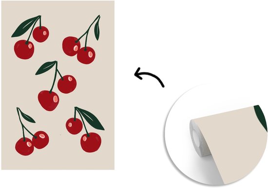 Behang - Fotobehang Kersen - Blaadjes - Rood - Breedte 195 cm x hoogte 300 cm