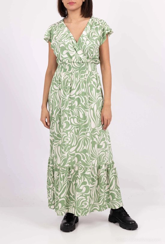 Lange dames jurk Amelia-fantasiemotief-groen wit-Maat M/L-strandjurk