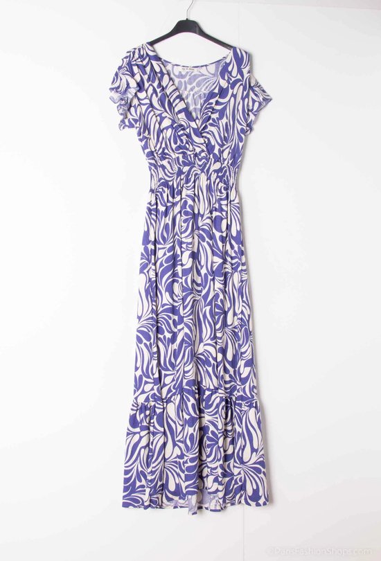 Lange dames jurk Amelia-fantasiemotief-konings blauw wit-Maat M/L-strandjurk