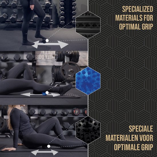 Gedetailleerde opnames van de spiky massageballen en voetroller voor optimale grip.