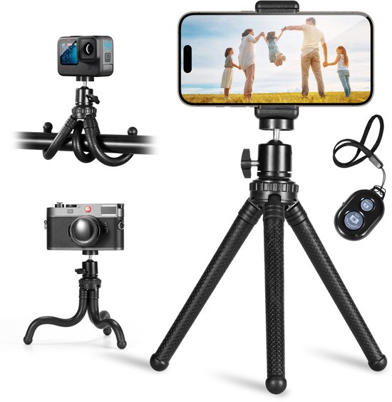 YONO Tripod Smartphone Flexibel - Statief met Afstandsbediening voor Telefoon en Camera - Zwart