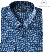Chris Cayne heren overhemd - shirt heren lange mouw - XXL - blauw/kobalt/offwhite/geel - geprint dessin - button down kraag - borstzak