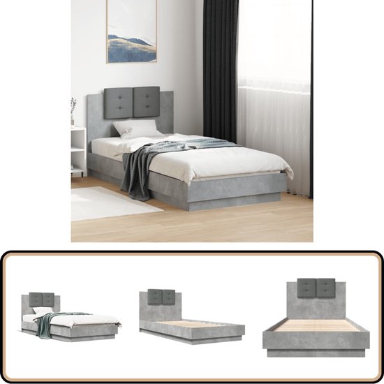 vidaXL - Cadre de lit - avec - tête de lit - décoré - bois - gris béton - 75x190 - cm