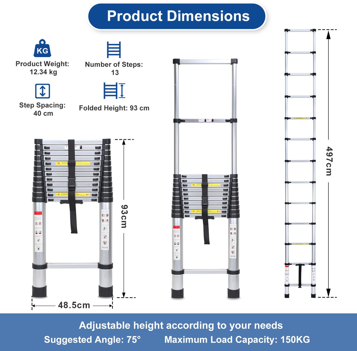 Telescopische Vouwladder - Telescopische Ladders - Soft Close - Werkhoogte 5 m - zilverachtig – foto 2