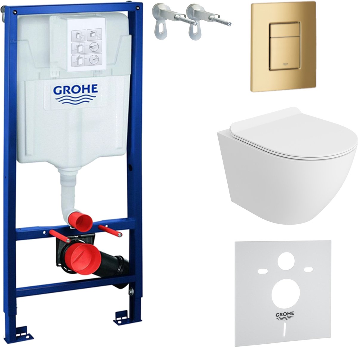 Inbouwreservoir Complete Toiletset Grohe Solido 39069000 - Inbouw WC Hangtoilet Wandcloset Sofi Slim White Mat - Bedieningsplaat Skate Cosmopolitan 38732GL0 Gouden - Voorwandelement