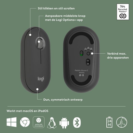 Logitech Pebble 2 M350s - Draadloze Muis - Bluetooth - 4000 dpi - Graphite