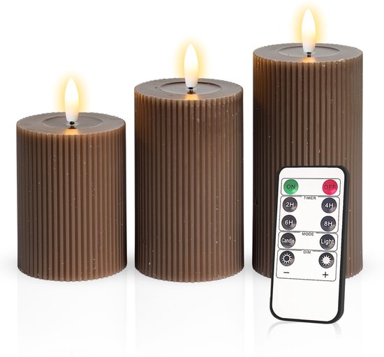 Meisterhome – 3 x Led Stompkaars Ribbel - Bruin – Stompkaars Echte wax - Led kaarsen - 10 / 12.5 / 15 cm Hoog - Met afstandsbediening – Timer 2/4/6/8 uur - Dimbaar
