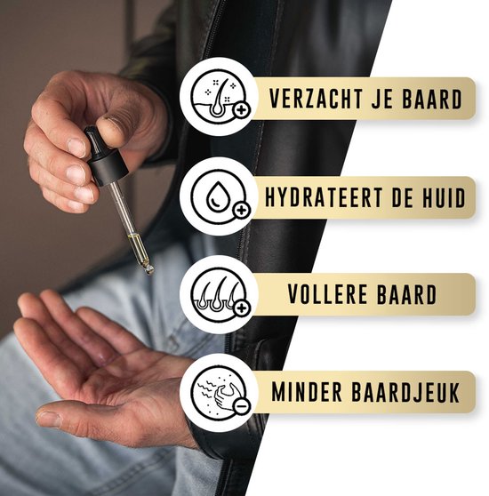 Handen met een druppelaar die baardolie in de hand laat vallen, naast iconen die verzachten, hydrateren, vollere baard en minder jeuk aangeven.