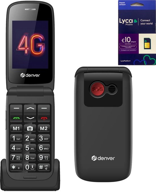 Denver - 4G Senioren Mobiele Telefoon + Simkaart Geleverd - Met Oplaadstation - Grote Letters & Toetsen - Big Button GSM - Seniorentelefoon - Klaptelefoon - Zwart