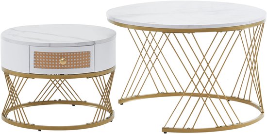 MURUL Nesting Couchtisch Set - 2-teiliger Marmor-Look Tisch Mit Stauraum