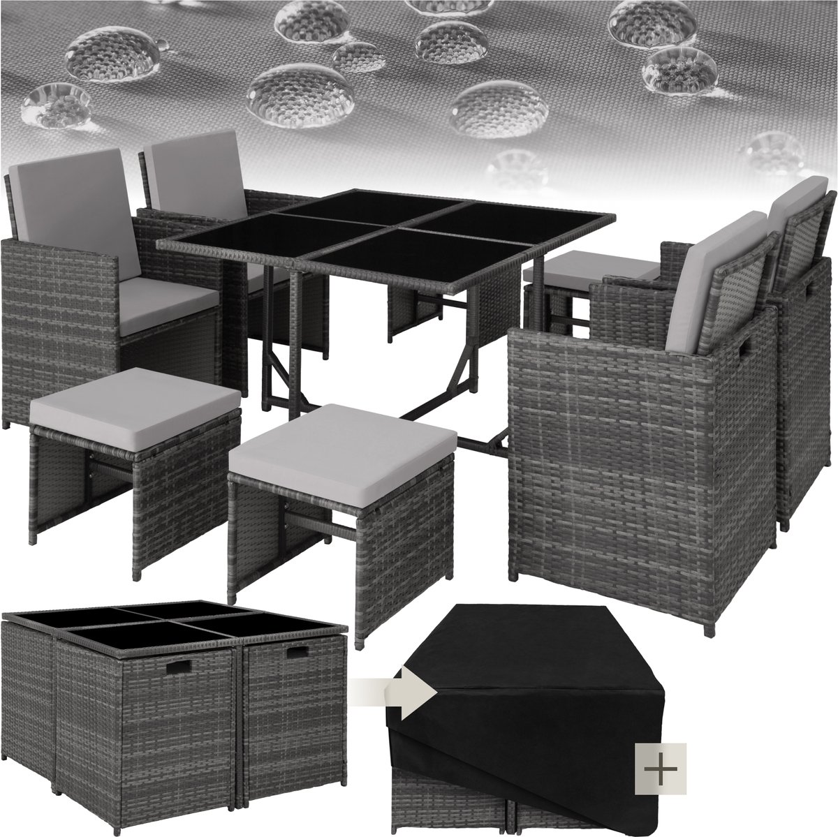 tectake® -wicker loungemeubelset zitgroep - 4x stoelen, 1x tafel, 4x krukken - weerbestendig en ruimtebesparend - inclusief beschermhoes - outdoor wicker tuinmeubelen voor balkon, tuin en terras - grijs - poly-rattan