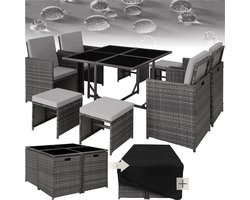 tectake® -wicker loungemeubelset zitgroep – 4x stoelen, 1x tafel, 4x krukken – weerbestendig en ruimtebesparend – inclusief beschermhoes – outdoor wicker tuinmeubelen voor balkon, tuin en terras – grijs – poly-rattan