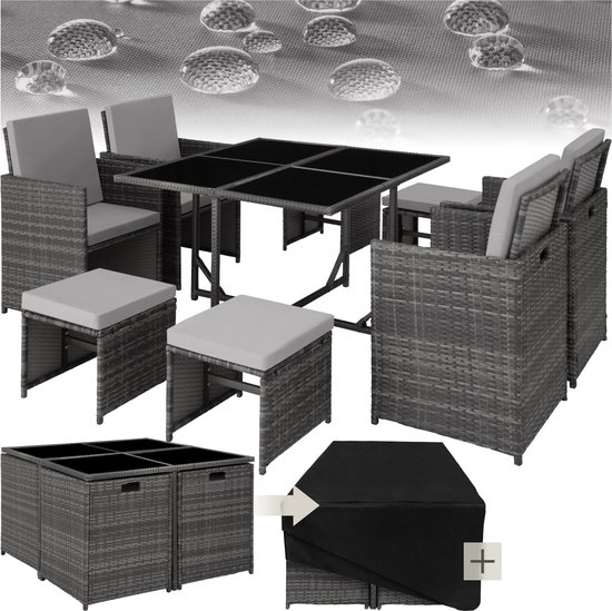 tectake® -wicker loungemeubelset zitgroep - 4x stoelen, 1x tafel, 4x krukken - weerbestendig en ruimtebesparend - inclusief beschermhoes - outdoor wicker tuinmeubelen voor balkon, tuin en terras - grijs - poly-rattan
