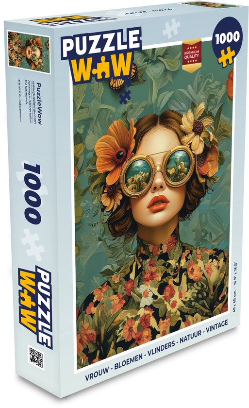 Boîte de puzzle de 1000 pièces avec une femme, des fleurs, des papillons et une image nature-vintage.