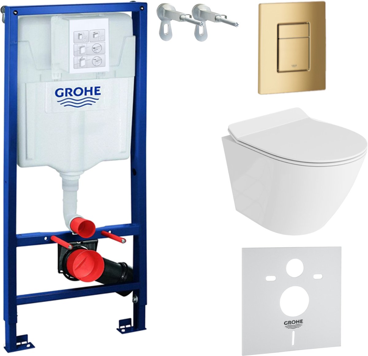 GROHE Solido Inbouwreservoir - LAVITA SOGO SLIM Wit Hoogglans Rimless Wandcloset - Gouden Drukplaat - Toilet Set