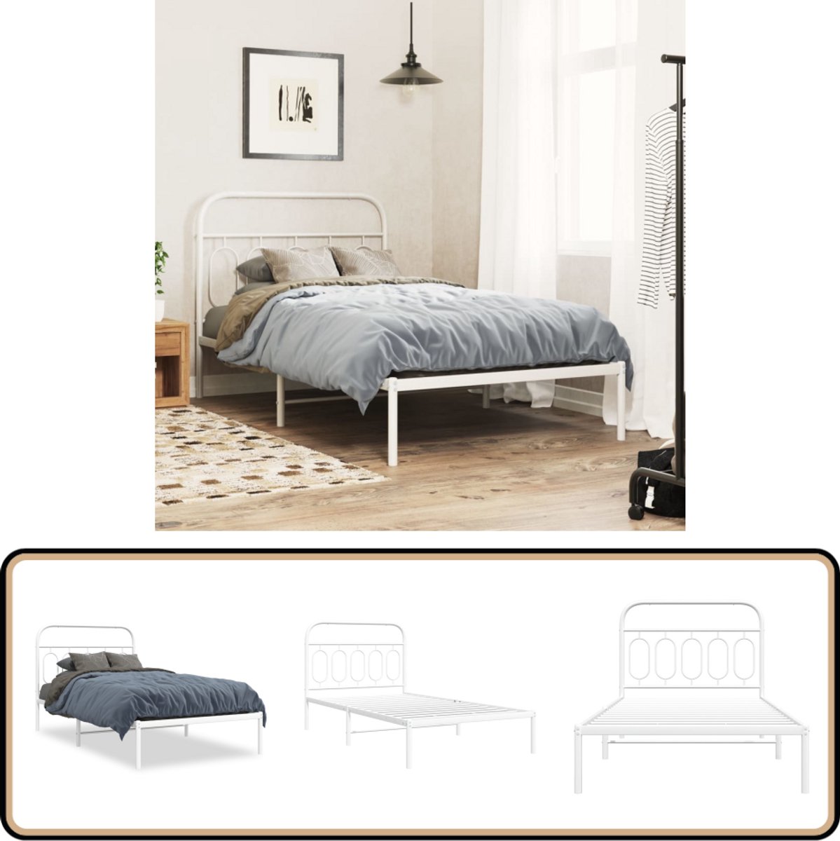 Bedframe met hoofdbord metaal wit 100x190 cm