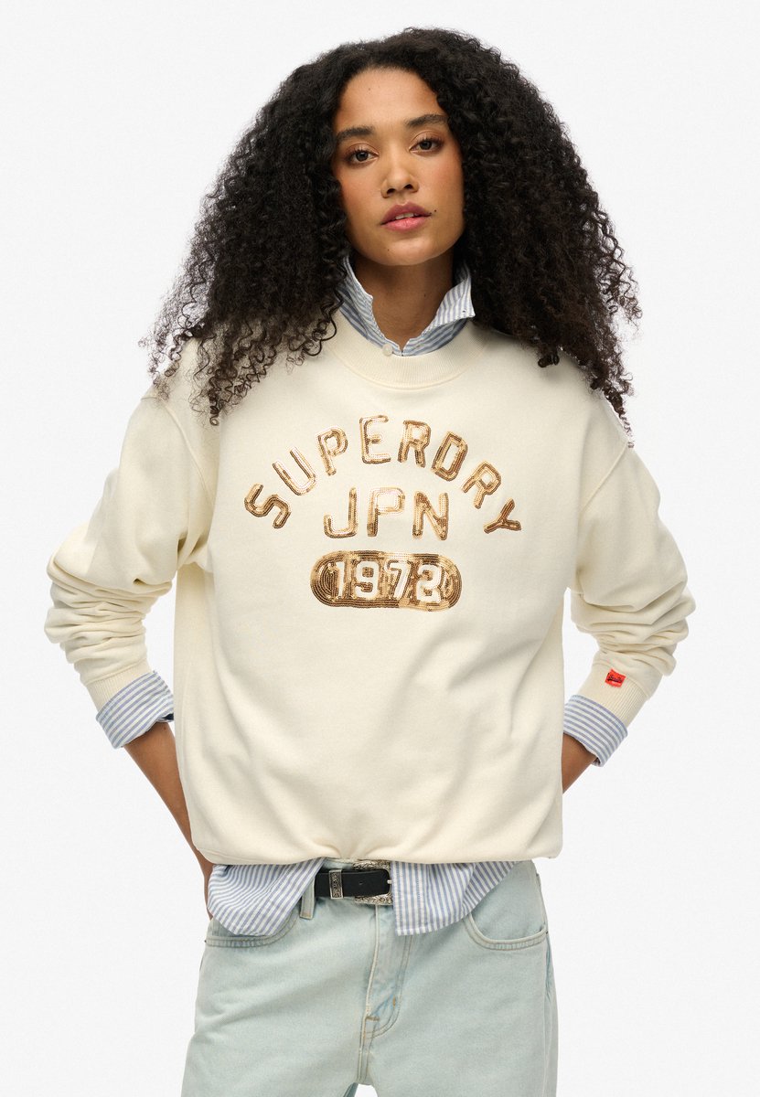Superdry Ruimvallend versierd Varsity sweatshirt met ronde hals Dames Truien Creme