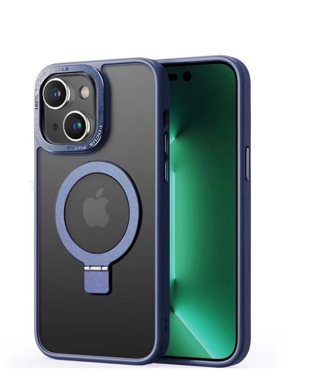 Cityhoesje - iPhone 15 Plus - Magnetic - Ring Holder Kickstand - Protective – Backcase - Blauw